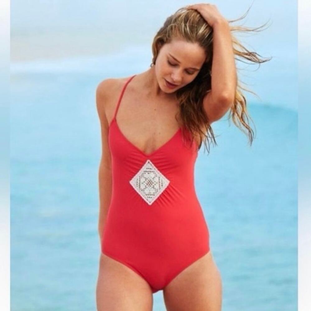 Aerie Red Crochet Cutout One Piece Swimsuit Open Back V Neck XS